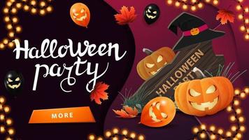 Halloween Party, horizontales Einladungsplakat mit Knopf, Holzschild, Hexenhut und Kürbis Jack vektor