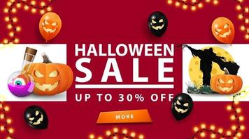 Halloween-Verkauf, bis zu 30 Rabatt, rotes Rabattbanner mit Halloween-Ballons, Vogelscheuche und Kürbis-Jack vektor
