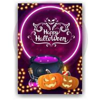 Happy Halloween, vertikale Grußkarte mit hellem Design, Hexenkessel und Kürbis Jack vektor