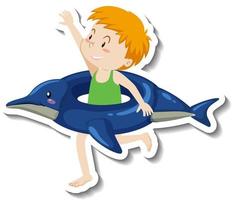 eine Stickervorlage eines Jungen mit Delfinschwimmring vektor