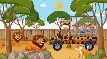 safari på dagtidsscenen med många barn som tittar på lejongruppen vektor