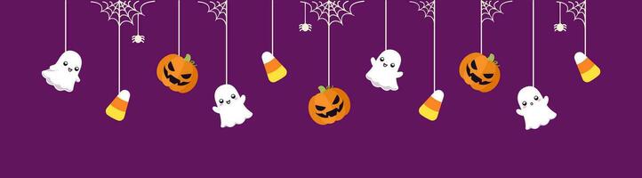 Lycklig halloween gräns baner med spöke, godis majs och domkraft o lykta pumpor hängande från Spindel nät. läskigt ornament dekoration vektor illustration, lura eller behandla fest inbjudan