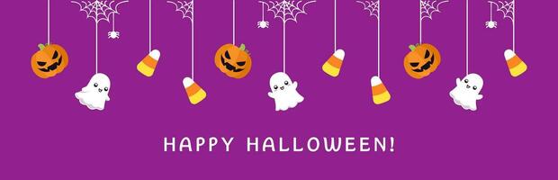 Lycklig halloween gräns baner med spöke, godis majs och domkraft o lykta pumpor hängande från Spindel nät. läskigt ornament dekoration vektor illustration, lura eller behandla fest inbjudan