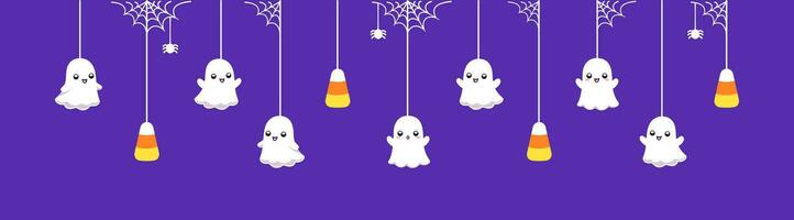 glücklich Halloween Rand Banner mit Geist und Süßigkeiten Mais hängend von Spinne Netze. gespenstisch Ornamente Dekoration Vektor Illustration, Trick oder behandeln Party Einladung