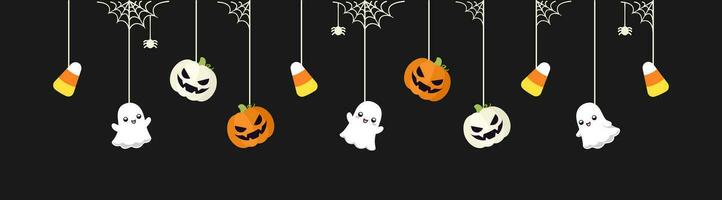 Lycklig halloween gräns baner med spöke, godis majs och domkraft o lykta pumpor hängande från Spindel nät. läskigt ornament dekoration vektor illustration, lura eller behandla fest inbjudan