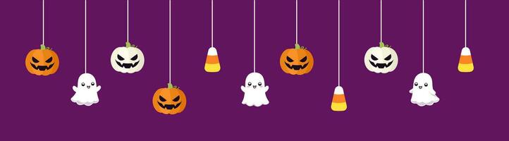 glücklich Halloween Rand Banner mit Geist, Süßigkeiten Mais und Jack Ö Laterne Kürbisse. hängend gespenstisch Ornamente Dekoration Vektor Illustration, Trick oder behandeln Party Einladung