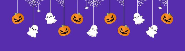 glücklich Halloween Rand Banner mit Geist und Jack Ö Laterne Kürbisse hängend von Spinne Netze. baumeln gespenstisch Ornamente Dekoration Vektor Illustration, Trick oder behandeln Party Einladung