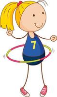 eine Mädchen-Cartoon-Figur, die isoliert Hula-Hoop im Doodle-Stil spielt vektor