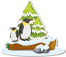 zwei Pinguine stehen an Kiefer mit Schneeaufkleber bedeckt vektor