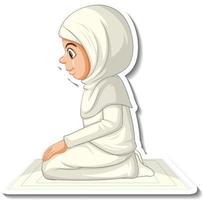 eine Aufkleberschablone mit muslimischem Mädchen, das Zeichentrickfigur betet vektor