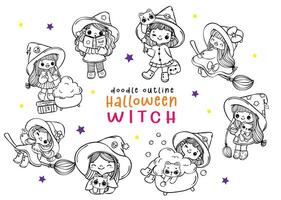 süß Halloween Hexe Kostüm Gekritzel Charakter festlich Fantasie wunderlich Gliederung Hand Zeichnung Karikatur Vektor isoliert auf Hintergrund