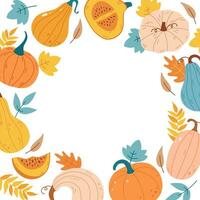 höst blad och pumpa ram, falla affisch design. halloween bakgrund. perfekt grafisk för tacksägelse dag, halloween, hälsning kort, affischer, och Mer. vektor illustration