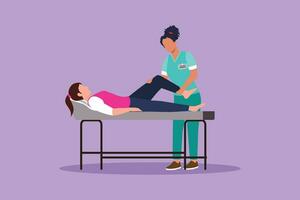 tecknad serie platt stil dra kvinna liggande på massage tabell professionell massör terapeut håller på med läkning behandling masse patient behandla knä manuell fysisk terapi. grafisk design vektor illustration