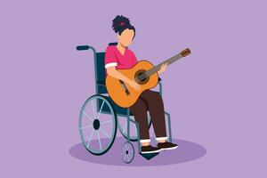 Karikatur eben Stil Zeichnung schön Frau sitzen Rollstuhl mit akustisch Gitarre abspielen Musik, singen Lied. physisch Behinderte, gebrochen Bein. Rehabilitation Center geduldig. Grafik Design Vektor Illustration