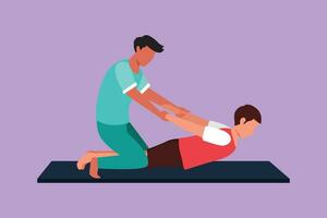 grafisk platt design teckning professionell terapeut praktiserande massage terapi. man patient njut av wellness spa kropp behandling. rehabilitering, fysioterapi behandling. tecknad serie stil vektor illustration