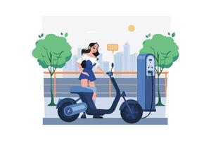 kvinna kostnader de elektrisk cykel på elektronisk fordon Centrum vektor