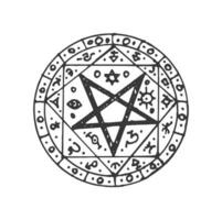 cirkel magi pentagram, runda etnisk amulett skiss vektor