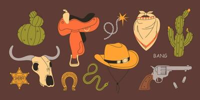 vild väst uppsättning. olika objekt. cowboy tema. söt vektor uppsättning av hand dragen cowboy element. samling av annorlunda klistermärken med kaktus, hatt, orm, skalle, hästsko sadel, revolverf. stock grafisk