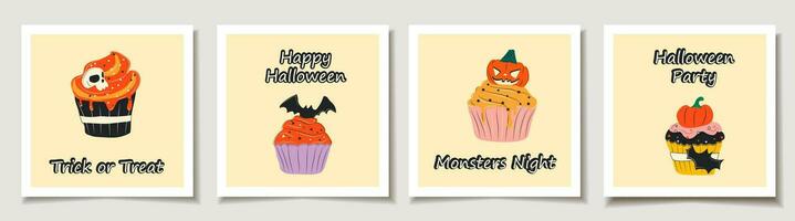 uppsättning av halloween kort med uppsättning av fyra söt halloween muffins tecknad serie tecken, klistermärken samling i hand dragen stil. .hälsning kort med magi föremål. vektor