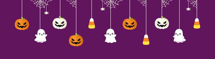 Lycklig halloween gräns baner med spöke, godis majs och domkraft o lykta pumpor. hängande läskigt ornament dekoration vektor illustration, lura eller behandla fest inbjudan