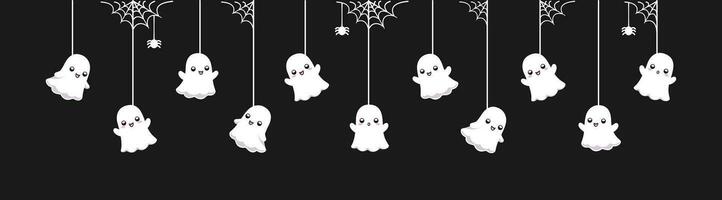 glücklich Halloween Banner Rand mit Geist hängend von Spinne Netze. gespenstisch Ornamente Dekoration Vektor Illustration, Trick oder behandeln Party Einladung