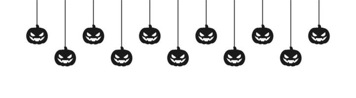 glücklich Halloween Banner Rand mit Jack Ö Laterne Kürbisse hängend von Spinne Netze. gespenstisch Ornamente Dekoration Vektor Illustration, Trick oder behandeln Party Einladung
