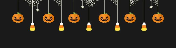 glücklich Halloween Rand Banner mit Süßigkeiten Mais und Jack Ö Laterne Kürbisse hängend von Spinne Netze. gespenstisch Ornamente Dekoration Vektor Illustration, Trick oder behandeln Party Einladung