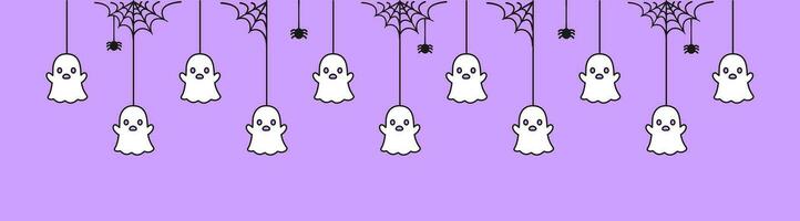Lycklig halloween baner gräns med spöke hängande från Spindel nät. läskigt ornament dekoration vektor illustration, lura eller behandla fest inbjudan
