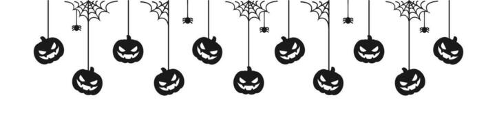 Lycklig halloween baner gräns med domkraft o lykta pumpor hängande från Spindel nät. läskigt ornament dekoration vektor illustration, lura eller behandla fest inbjudan