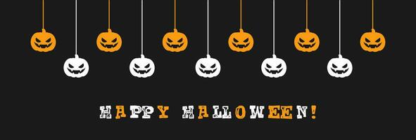Lycklig halloween baner gräns med domkraft o lykta pumpor hängande från Spindel nät. läskigt ornament dekoration vektor illustration, lura eller behandla fest inbjudan