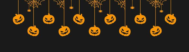 glücklich Halloween Banner Rand mit Jack Ö Laterne Kürbisse hängend von Spinne Netze. gespenstisch Ornamente Dekoration Vektor Illustration, Trick oder behandeln Party Einladung