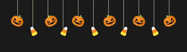 glücklich Halloween Rand Banner mit Süßigkeiten Mais und Jack Ö Laterne Kürbisse hängend von Spinne Netze. gespenstisch Ornamente Dekoration Vektor Illustration, Trick oder behandeln Party Einladung