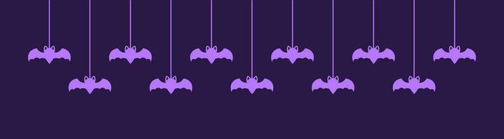 glücklich Halloween Banner Rand mit Fledermäuse hängend von Spinne Netze. gespenstisch Ornamente Dekoration Vektor Illustration, Trick oder behandeln Party Einladung