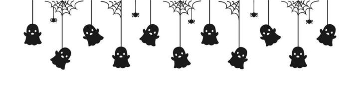 glücklich Halloween Banner Rand mit Geist hängend von Spinne Netze. gespenstisch Ornamente Dekoration Vektor Illustration, Trick oder behandeln Party Einladung