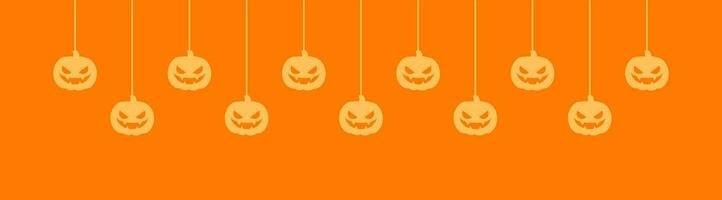 glücklich Halloween Banner Rand mit Jack Ö Laterne Kürbisse hängend von Spinne Netze. gespenstisch Ornamente Dekoration Vektor Illustration, Trick oder behandeln Party Einladung