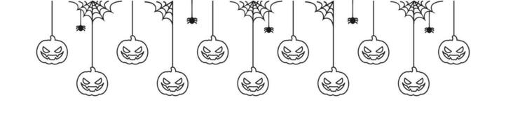 glücklich Halloween Banner Rand mit Jack Ö Laterne Kürbisse hängend von Spinne Netze. gespenstisch Ornamente Dekoration Vektor Illustration, Trick oder behandeln Party Einladung