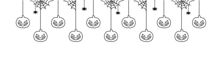 Lycklig halloween baner gräns med domkraft o lykta pumpor hängande från Spindel nät. läskigt ornament dekoration vektor illustration, lura eller behandla fest inbjudan