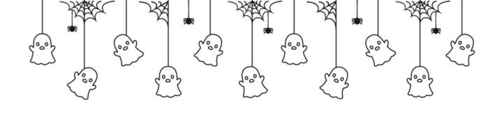 glücklich Halloween Banner Rand mit Geist hängend von Spinne Bahnen Gekritzel Umriss. gespenstisch Ornamente Dekoration Vektor Illustration, Trick oder behandeln Party Einladung