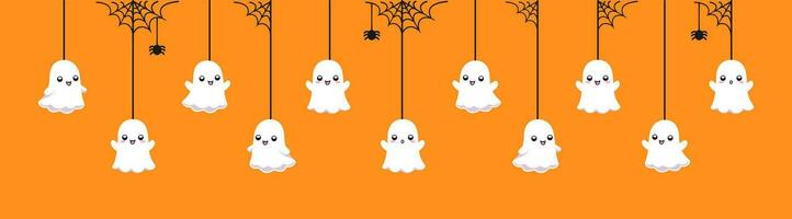 Lycklig halloween baner gräns med spöke hängande från Spindel nät. läskigt ornament dekoration vektor illustration, lura eller behandla fest inbjudan