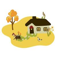 höst lantlig landskap med en hus, en träd, en Cattail, en stubbe och en fågel. vektor