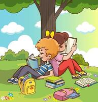 vektor illustration av söt barn läsning tillsammans under de träd