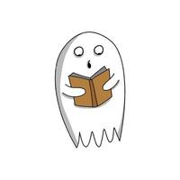 klotter halloween karaktär. söt spöke läsning en bok. halloween hälsning kort vektor
