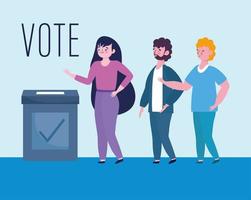 röstning och val koncept, man och kvinna står i kö för att rösta vektor