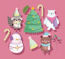 god jul, söta djur bär snögubbe tvättbjörn träd godis sockerrör och hatt ikoner tecknad vektor
