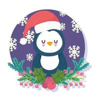 Frohe Weihnachten, süßer Pinguin mit Hut Blumenstechpalmenbeere und Schneeflocken-Karte vektor