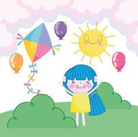 Kindertag, glückliches Mädchen mit Drachenballon-Sonnenhimmel und Graskarikatur vektor