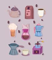 Kaffeebrühmethoden, manuelle Mühle Tropfmaschine Wasserkocher Tasse Paket Moka Pot Icons vektor