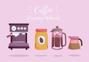 kaffebryggningsmetoder, espressomaskin fransk presskokare och flaska med produkt vektor