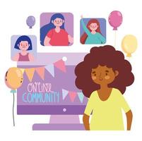 Online-Party, Mädchen per Computer mit Freunden verbunden vektor