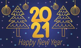 Frohes neues Jahr 2021, goldene Zahlenbäume und hängende Kugeln vektor